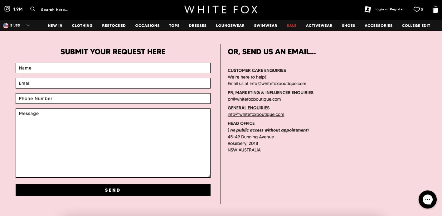 White Fox's contact form example that says "Submit your request here"