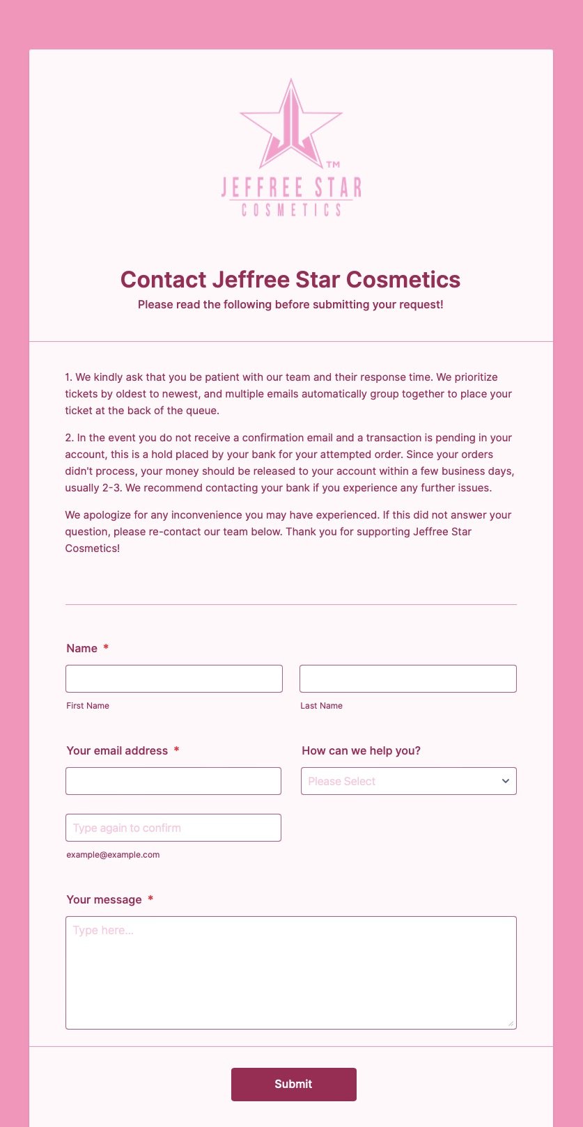 Jeffree Star Cosmetics' contact form example