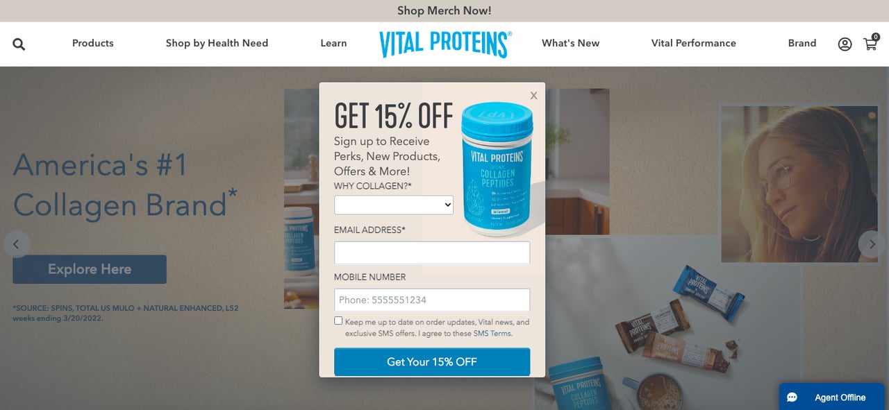 Vital Proteins' popup form example that says "Get 15%off"