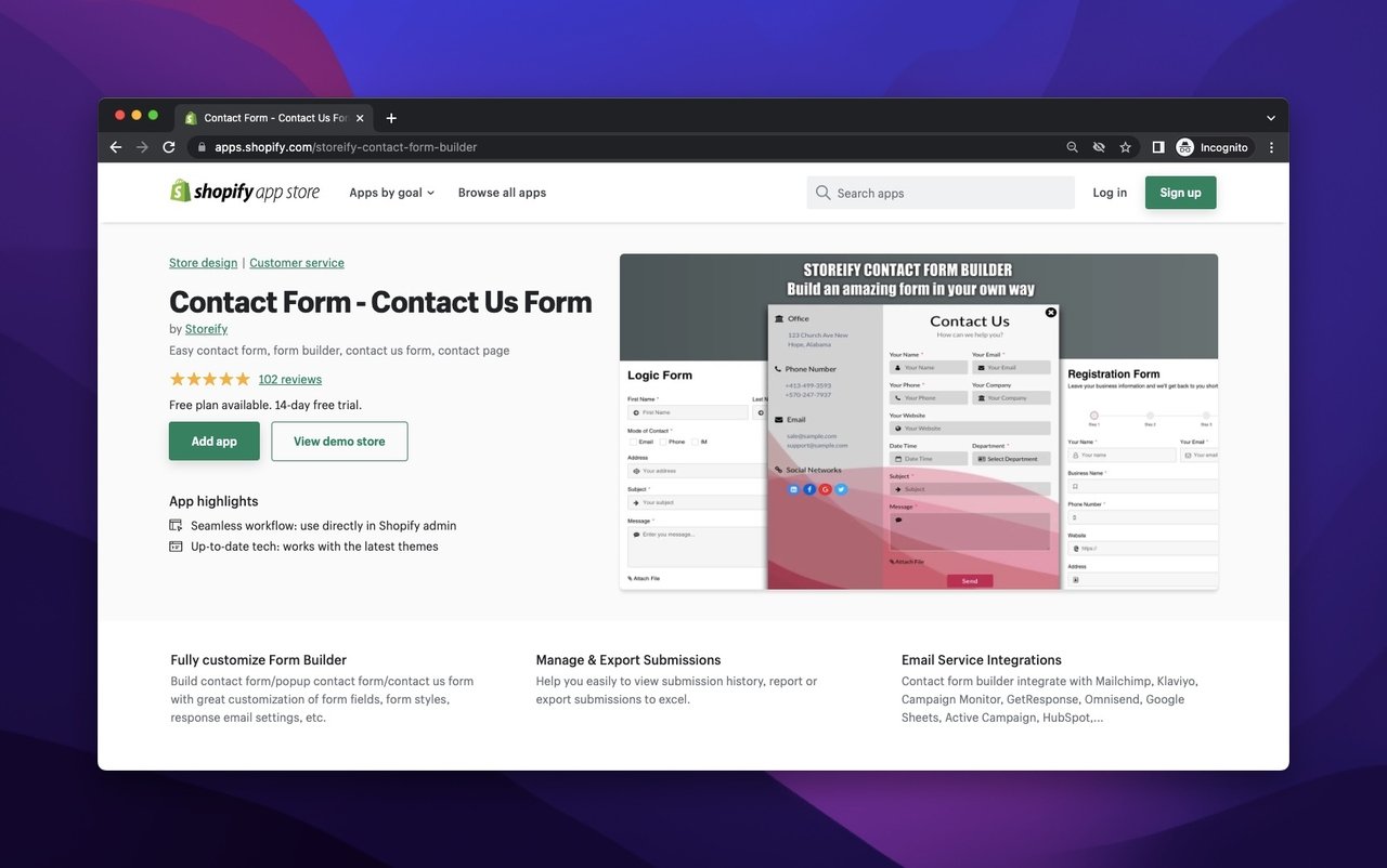 storeify form builder on the Shopify app store