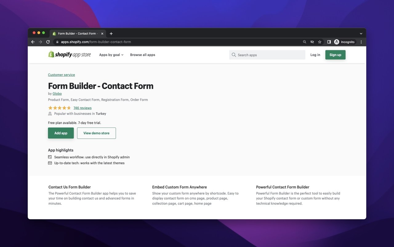 globo form builder on the Shopify app store