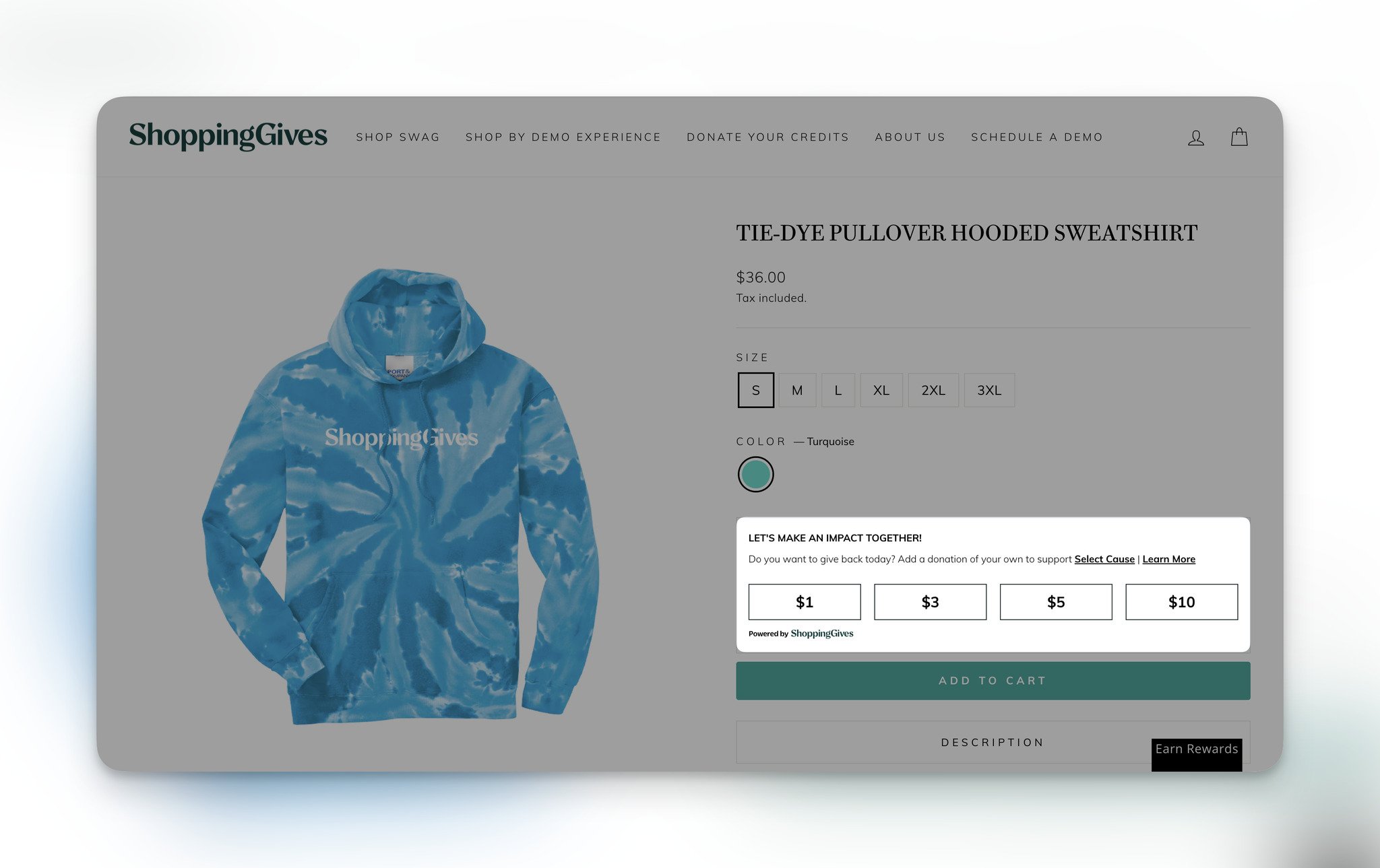 A product page with a blue sweatshirt image on the left and size info on the right, followed by a donation section shown as highlighted