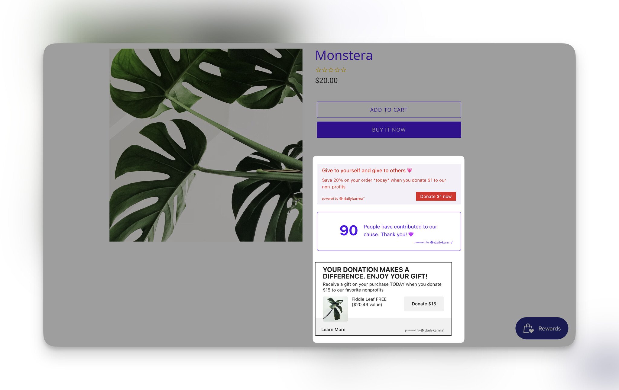 A product page of the plant monstera with its image on the left and on the right, there is a donation section shown as highlighted