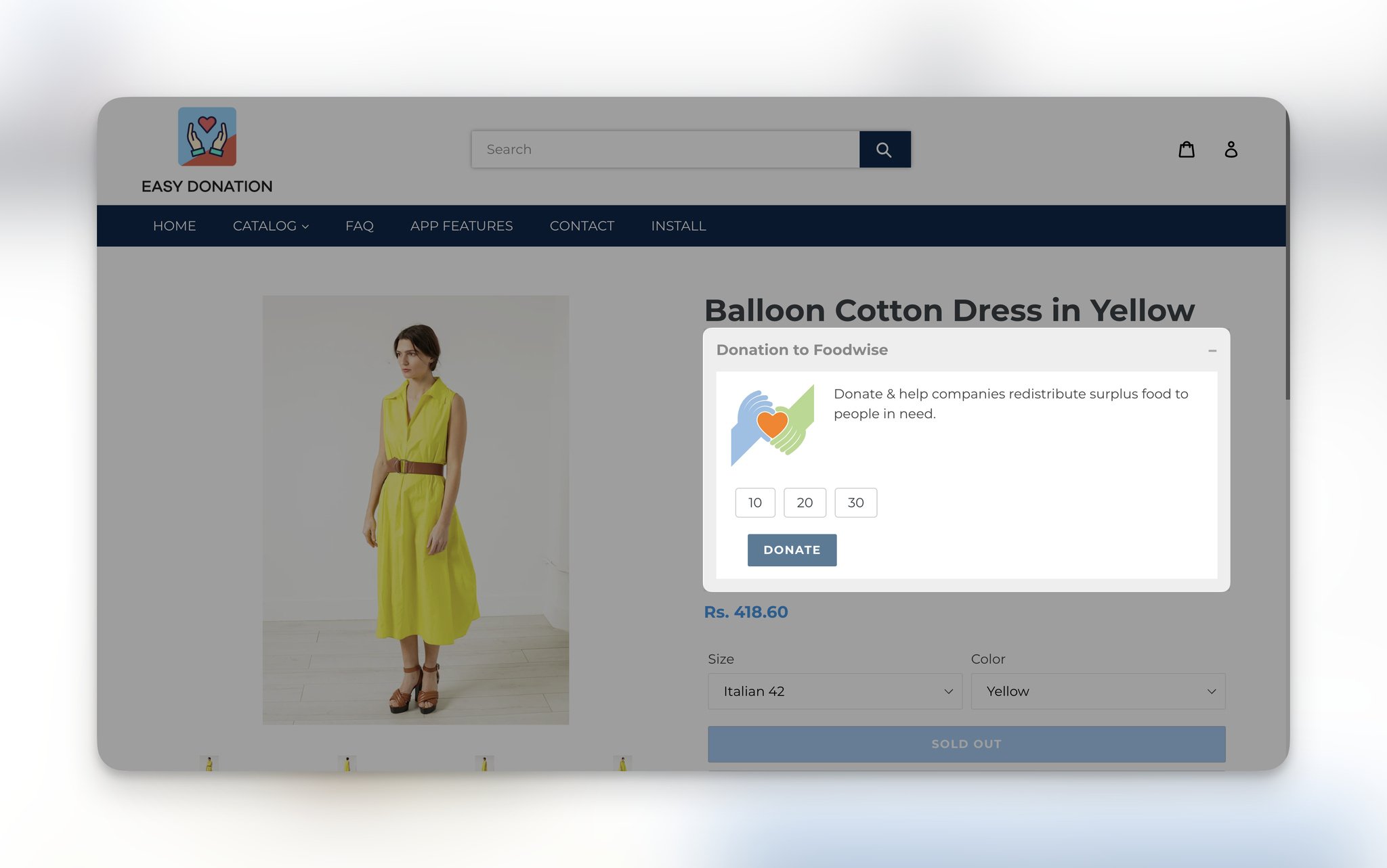 Easy Donation demo store with the image of a female model wearing a yellow dress on the left and on the right, donation section is highlighted