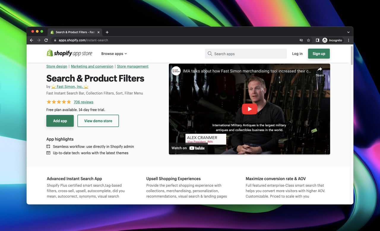 screenshot of Shopify app store page of Search & Product Filters by Fast Simon