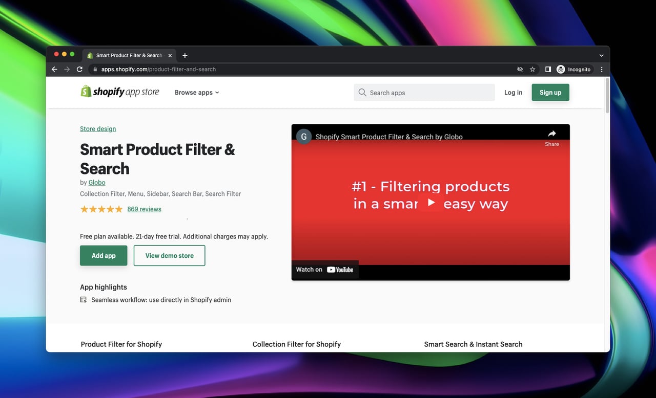 screenshot of Shopify app store page of Smart Product Filter & Search by Globo