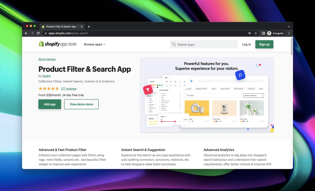 screenshot of Shopify app store page of Product Filter & Search App by Sparq