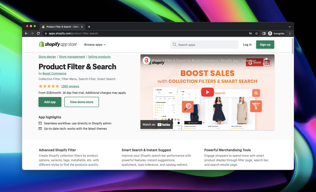 screenshot of Shopify app store page of Product Filter & Search by Boost Commerce 