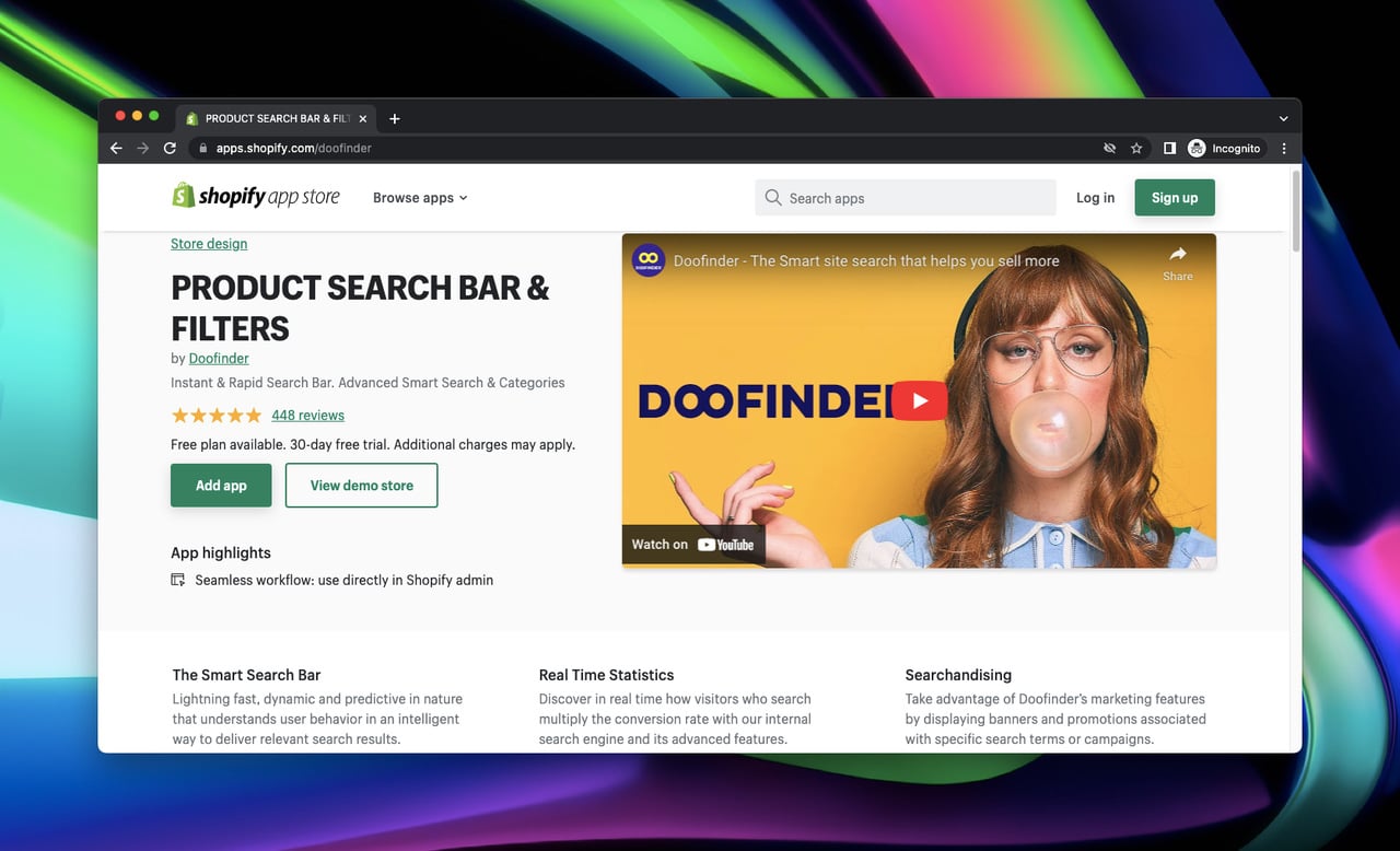 screenshot of Shopify app store page of Search & Product Filters by Product Search Bar & Filters by Doofinder