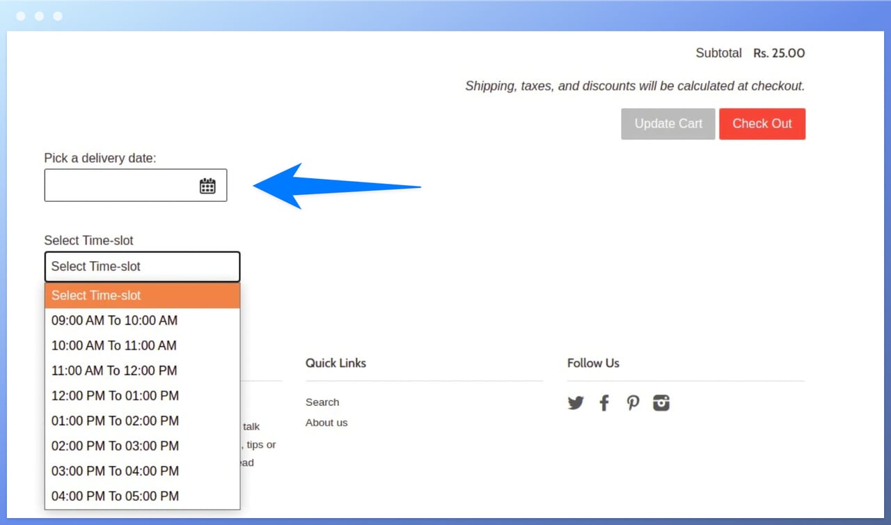 Order Delivery Date Lite by sbtdreams' shopping cart screen showing delivery date and time slots on the left bottom hand