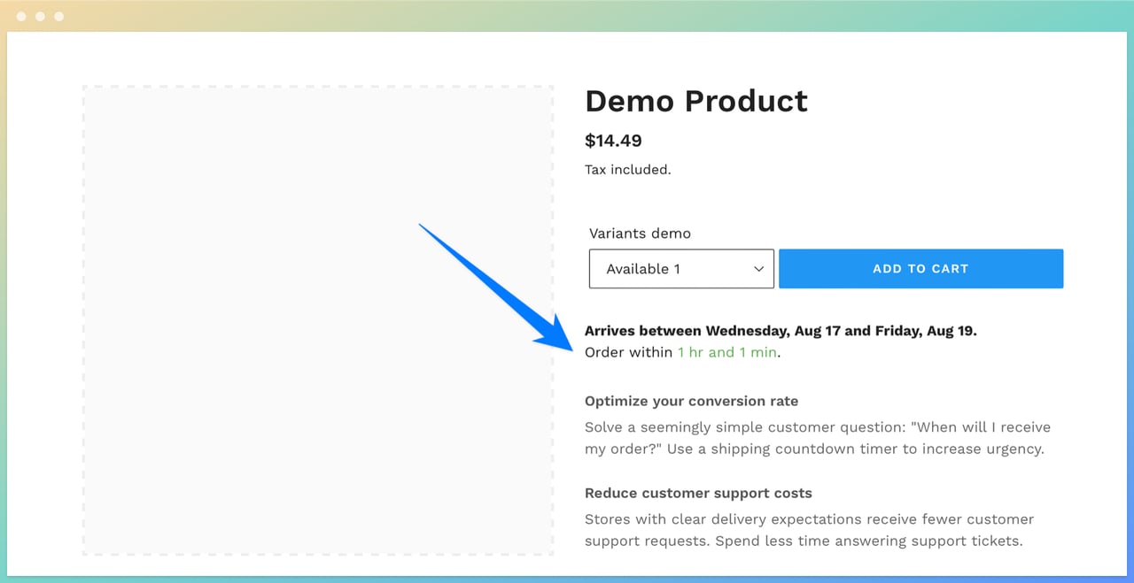 Delm-Delivery Message by Delm's demo product page showing a price, estimated delivery time and product info on the right