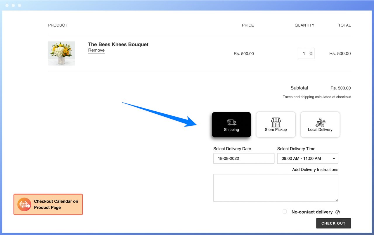 Appjetty Delivery Date Plus's check out page showing a flower bouquet's price and pick up and delivery date options on the right bottom corner