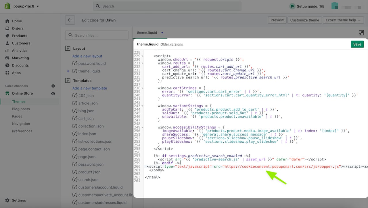 adding cookie consent code to shopify step 2