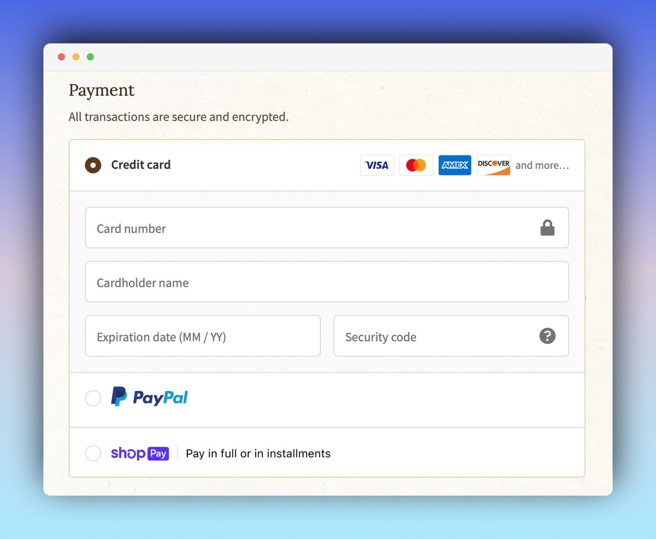 checkout payment step with the fields for card number, cardholder name, expiration date and related info