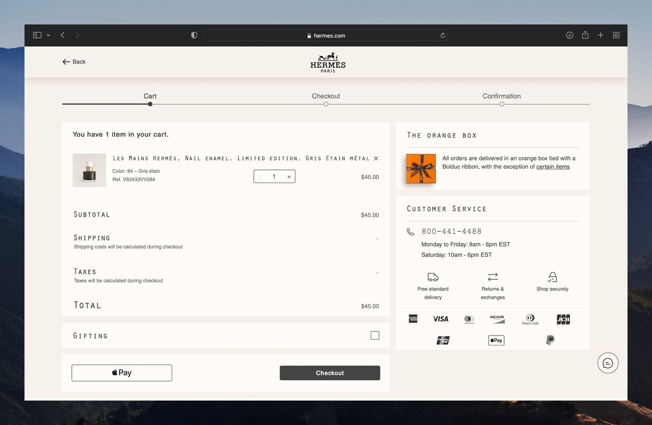 hermes checkout window showing the checkout flow, a product in the cart, customer support information on the right, the box in which the product is delivered, total cost and checkout button below