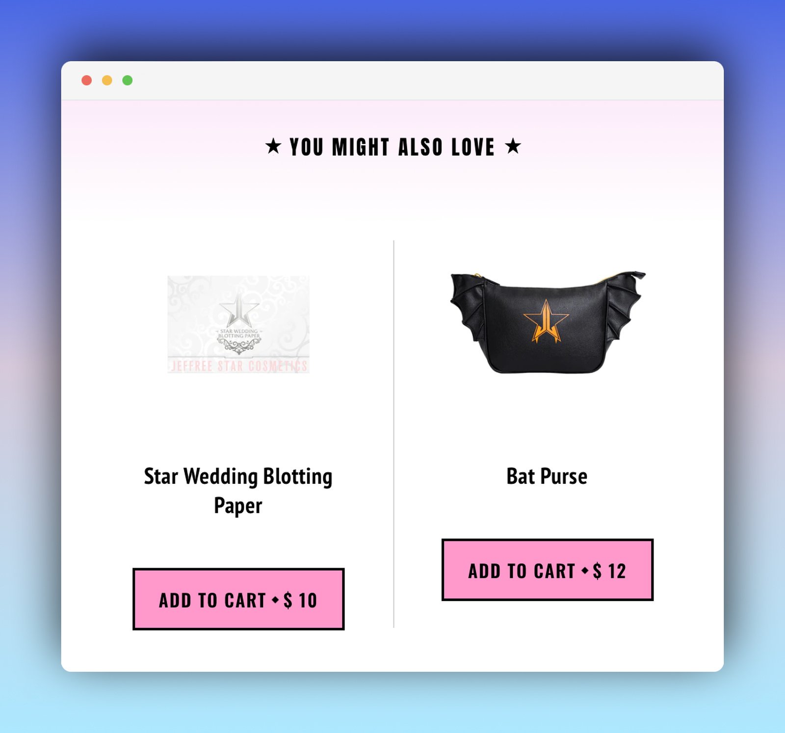 cross-sell example of jeffre star cosmetics offering blotting paper and a mascara with the you might also love headline and add to cart buttons below the product images