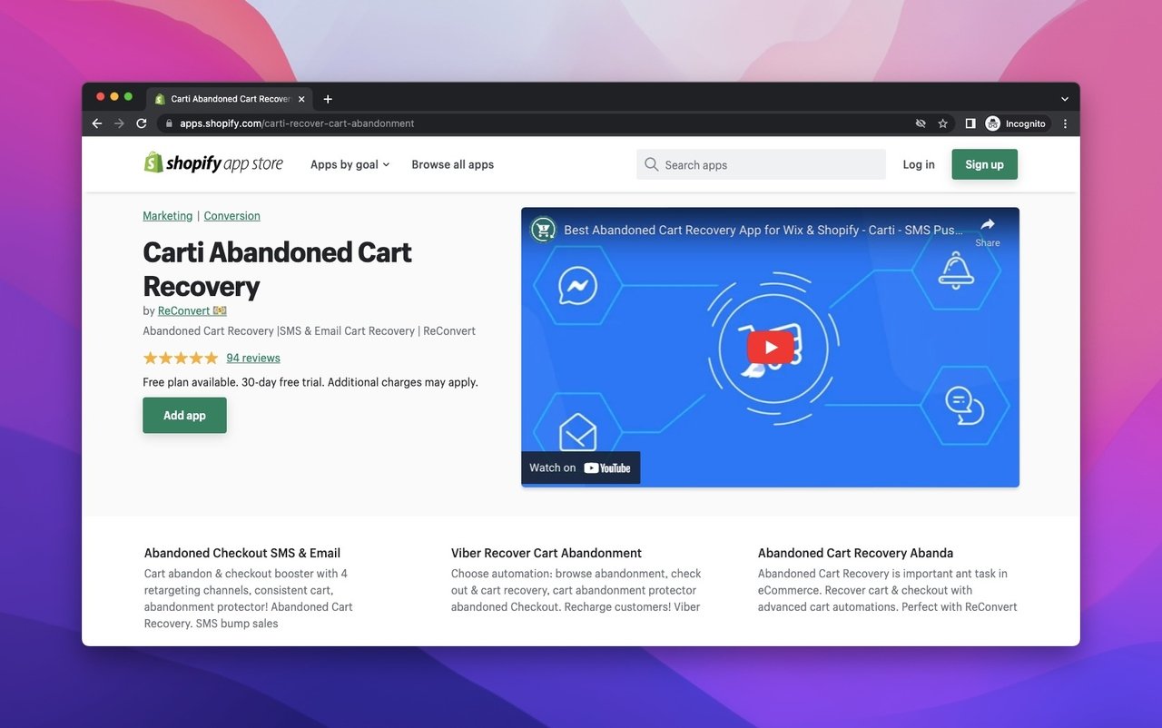Carti abandoned cart recovery app on Shopify App Store with a white background and a blue video part
