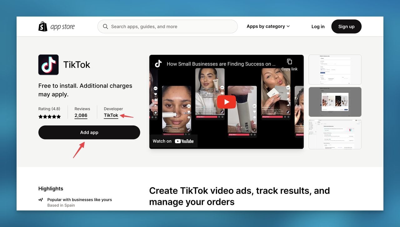 Step one Shopify app store to install TikTok for Shopify