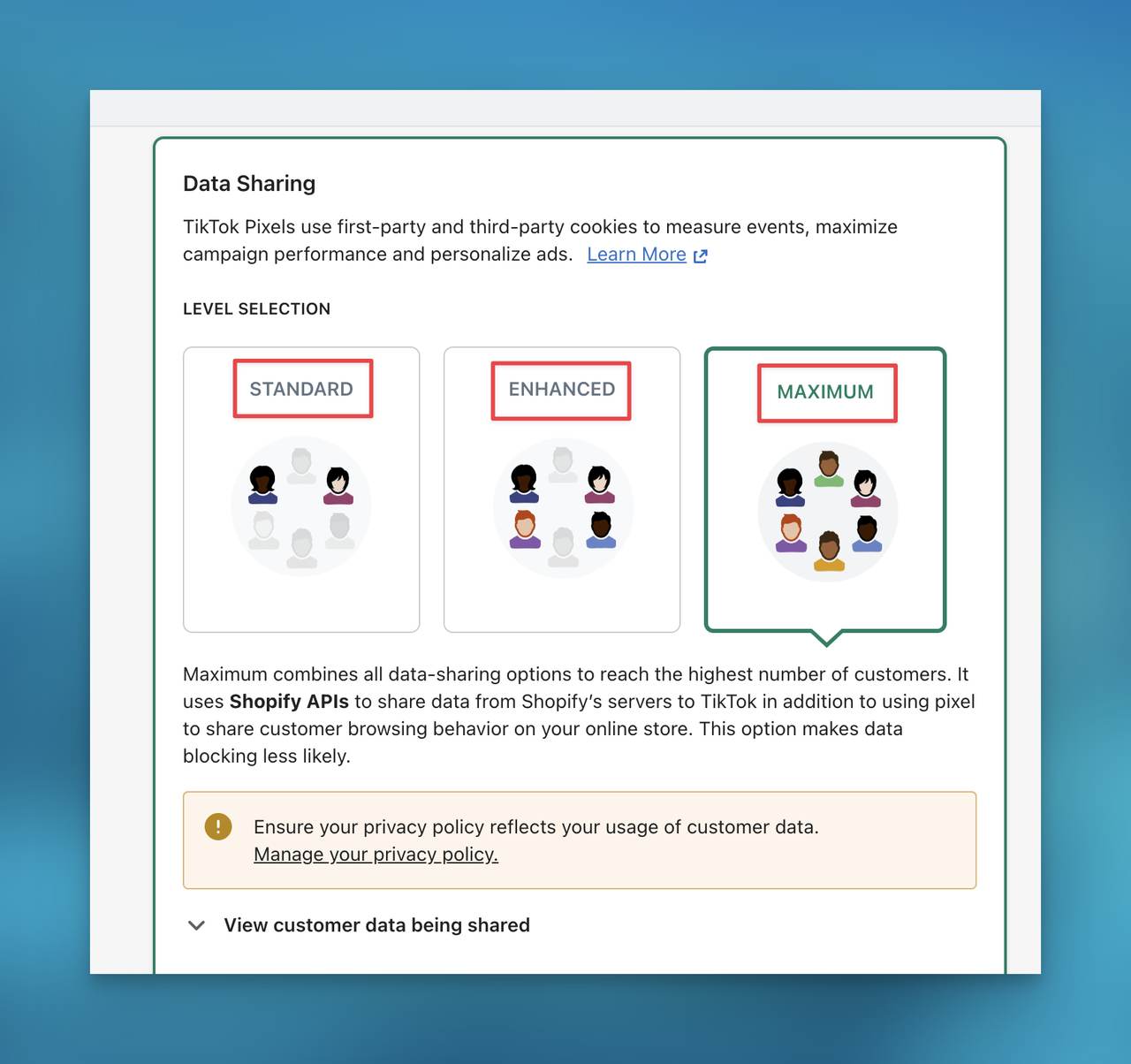 Step five TikTok data Sharing Setup