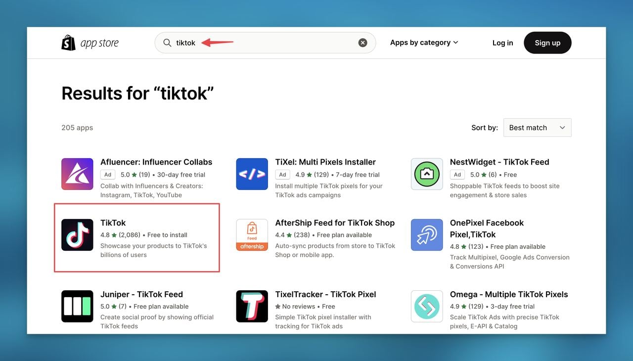 Shopify app store showing TikTok search results of apps relevant to TikTok