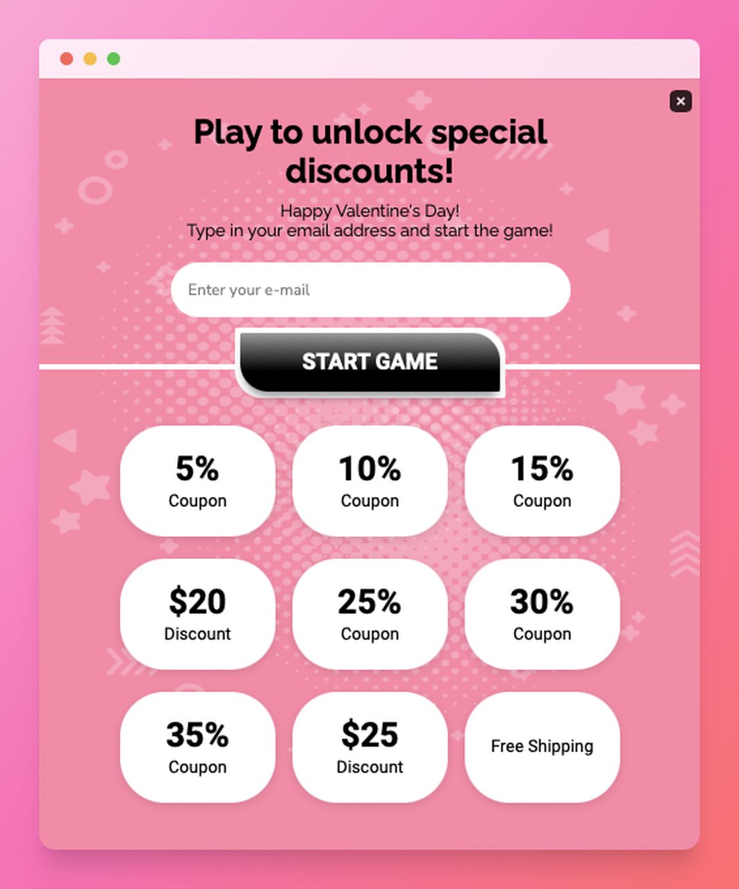 gamification popup example with a game to earn discount coupons and a description related to Valentine's Day