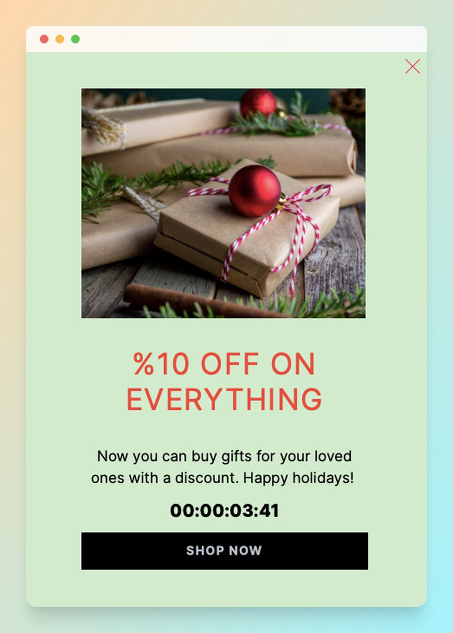 Christmas popup example that has headline that says "%10 OFF ON EVERYTHING" with an image of Christmas themed gift-wrapping and a countdown timer