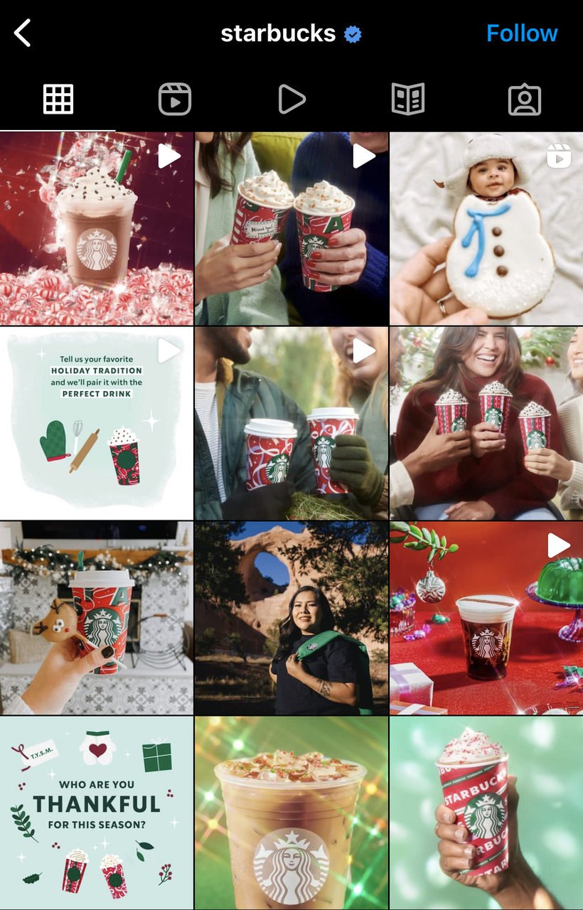 Starbucks' Instagram feed during Christmas season that includes product images, customer photos and a challenge related to Christmas season