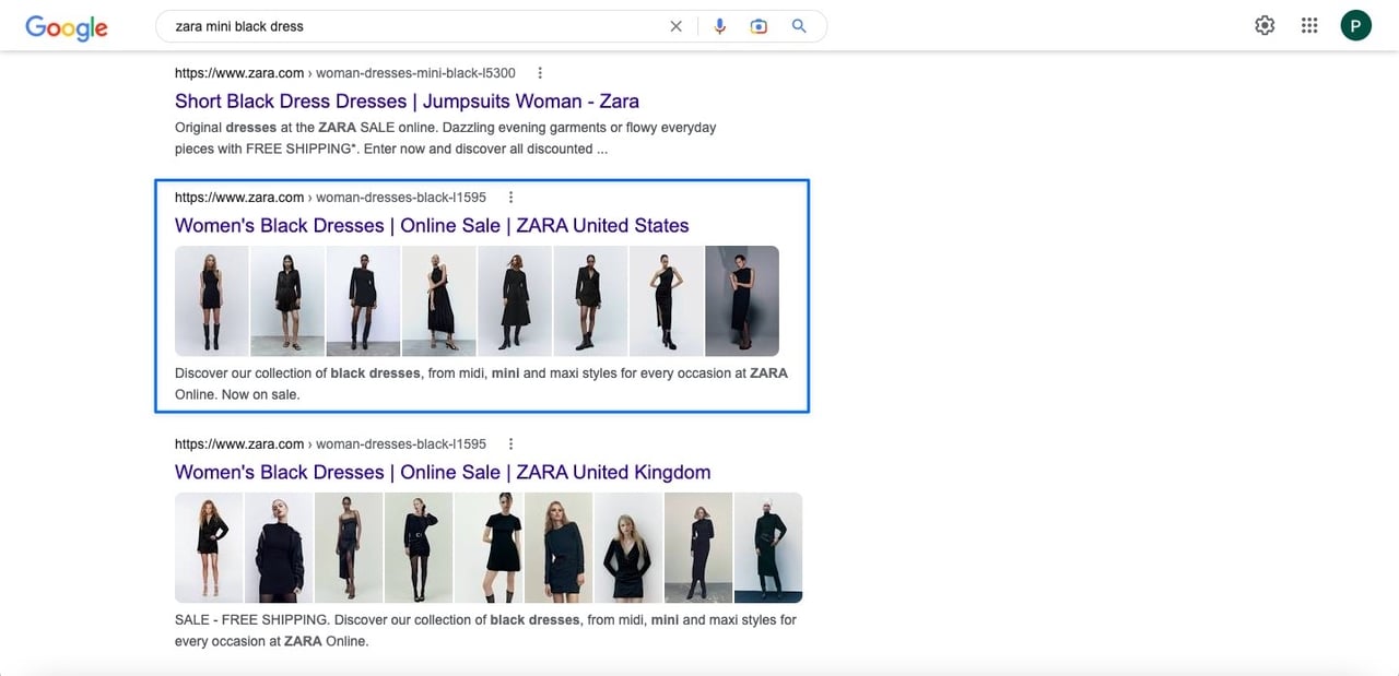 products description optimization with the example of SERP from a Zara search