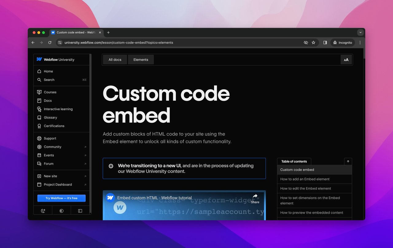 Webflow custom code embed coding capability