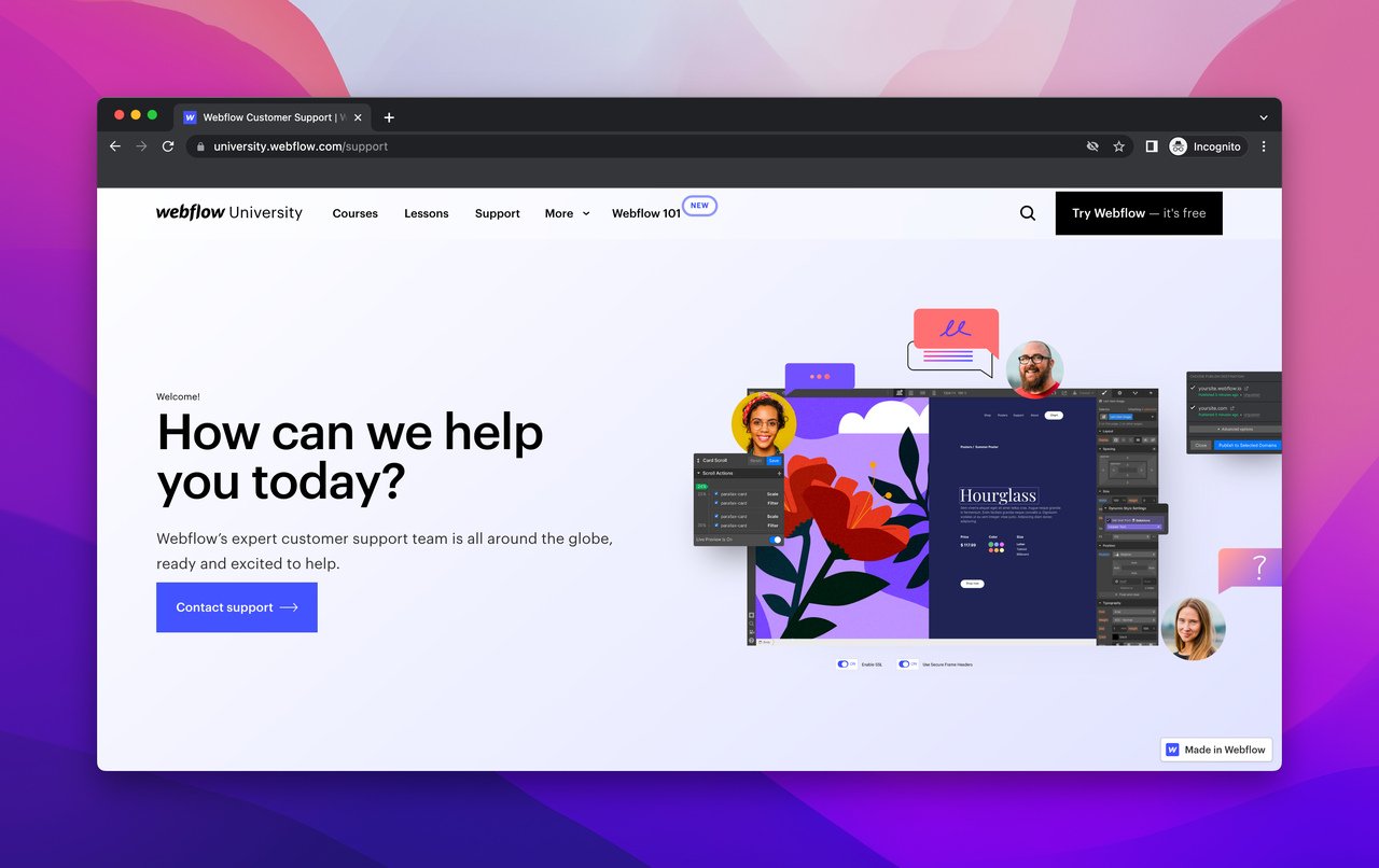 Webflow Customer Support page