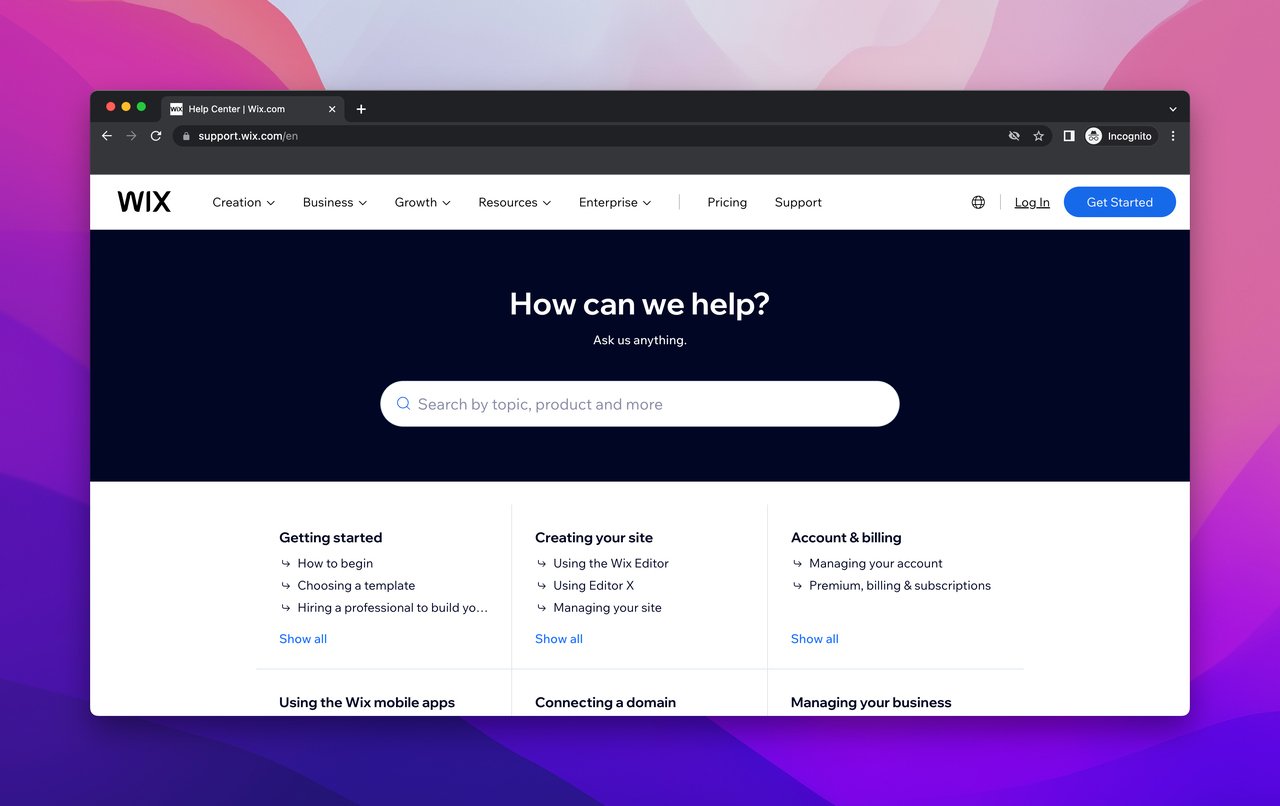 Wix Help Center page