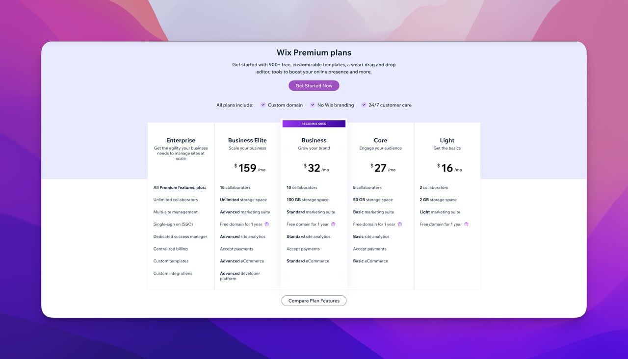 Wix pricing table