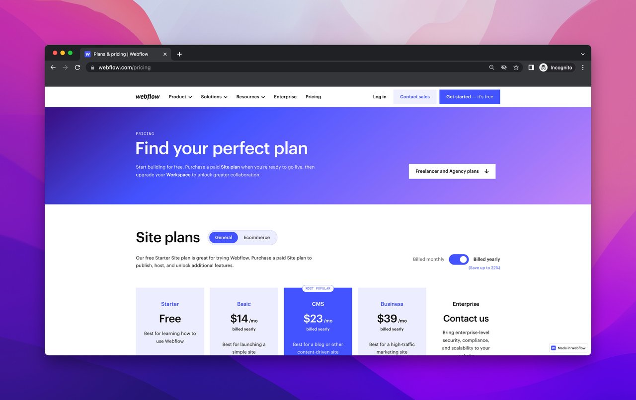 Webflow Pricing page where the pricing table is revealed