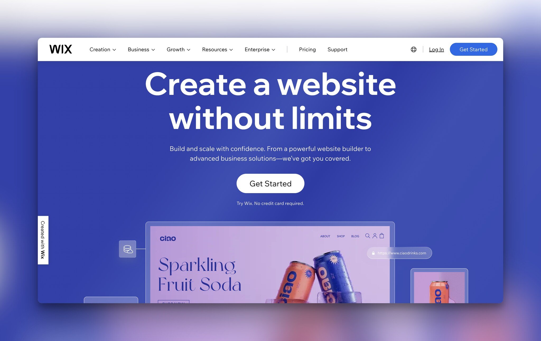 Wix homepage with the headline in the center followed by a get started button and a website preview window below, all on a dark blue bakcground