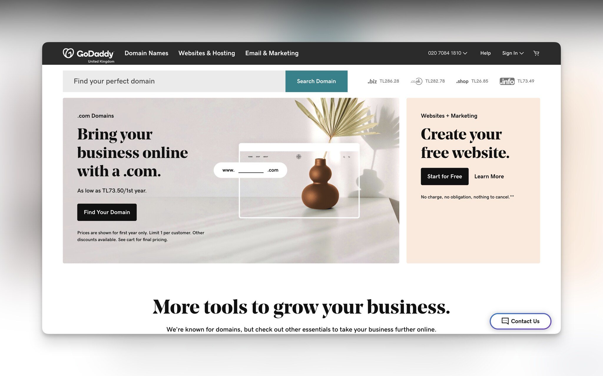 GoDaddy homepage with the headline on the left followed by a “Find Your Domain” button with a “www.” and “.com” search bar with a vase image behind, and on the right, there is a “Create your free website” CTA