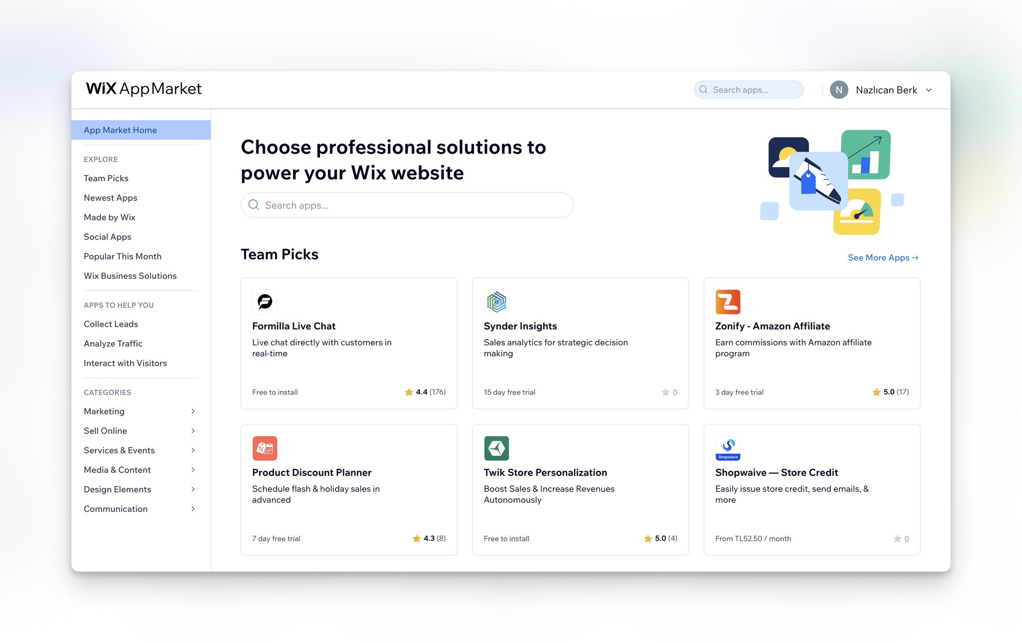 Wix App Market website with categories on the left-hand panel and “Team Picks” on the right with a search bar above