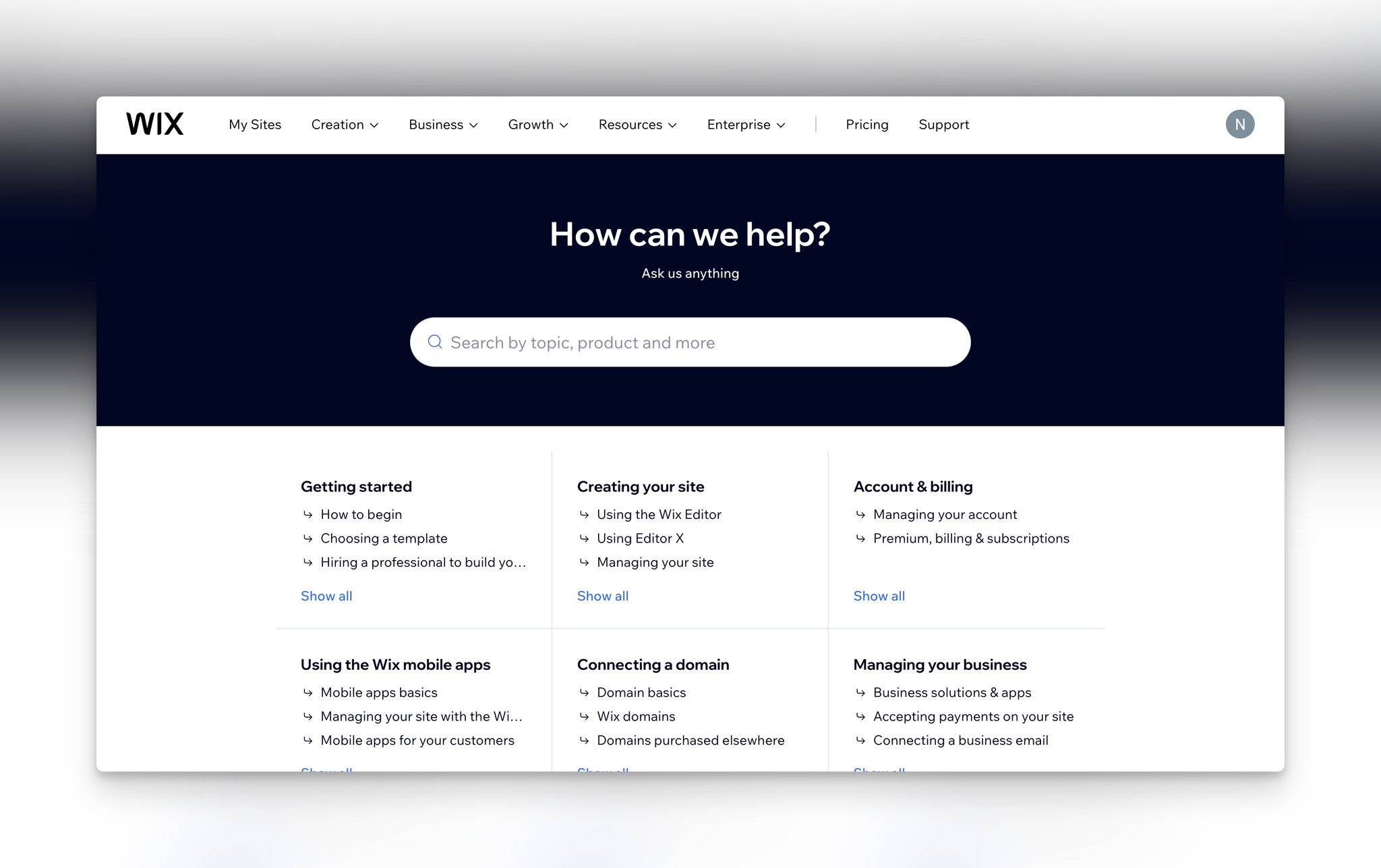 Wix help page with “How can we help?” written on top, followed by a search bar and different support categories