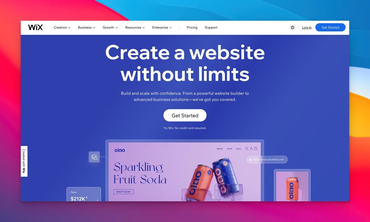 wix homepage with a tagline that says "create a website without limits" and a purple background theme