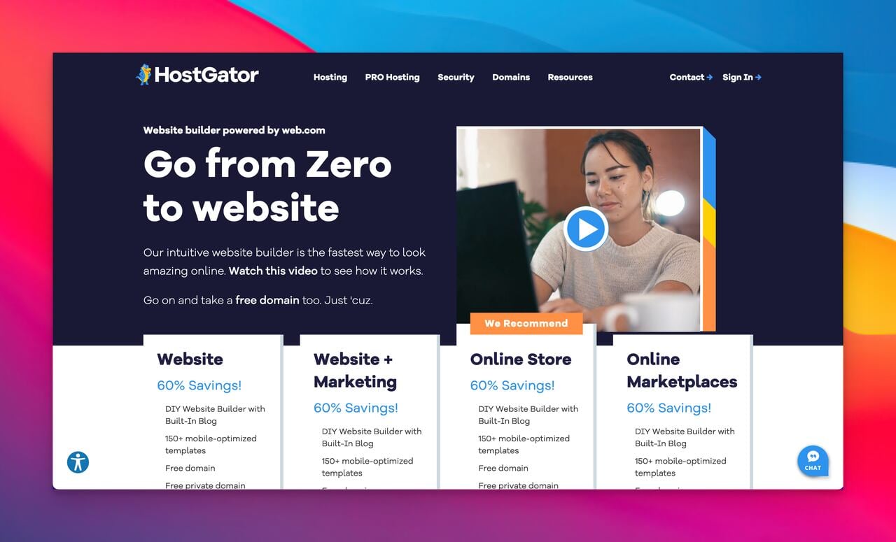 hostgator homepage with a video of a girl working with her laptop on the right side and a text on the left side that says "Go from zero to website"