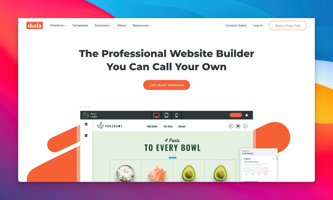 Duda homepage as Wix alternative with a text that says " The Professional Website Builder You Can Call Your own"