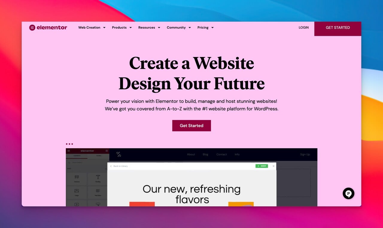 elementor homepage with a pink background and a text that says "create a website design your future"