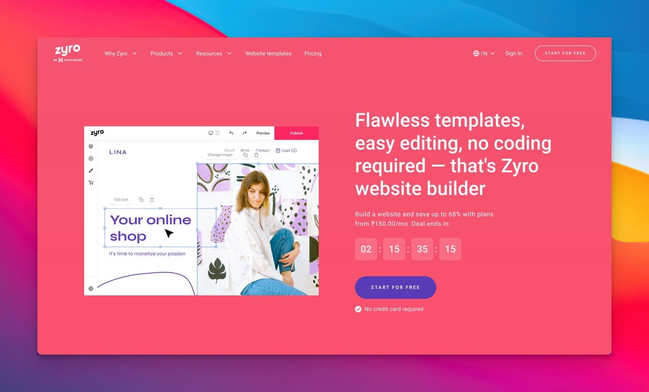 zyro homepage with a pink theme and a text that says "Flawless templates, easy editing, no coding required - that's Zyro website builder"