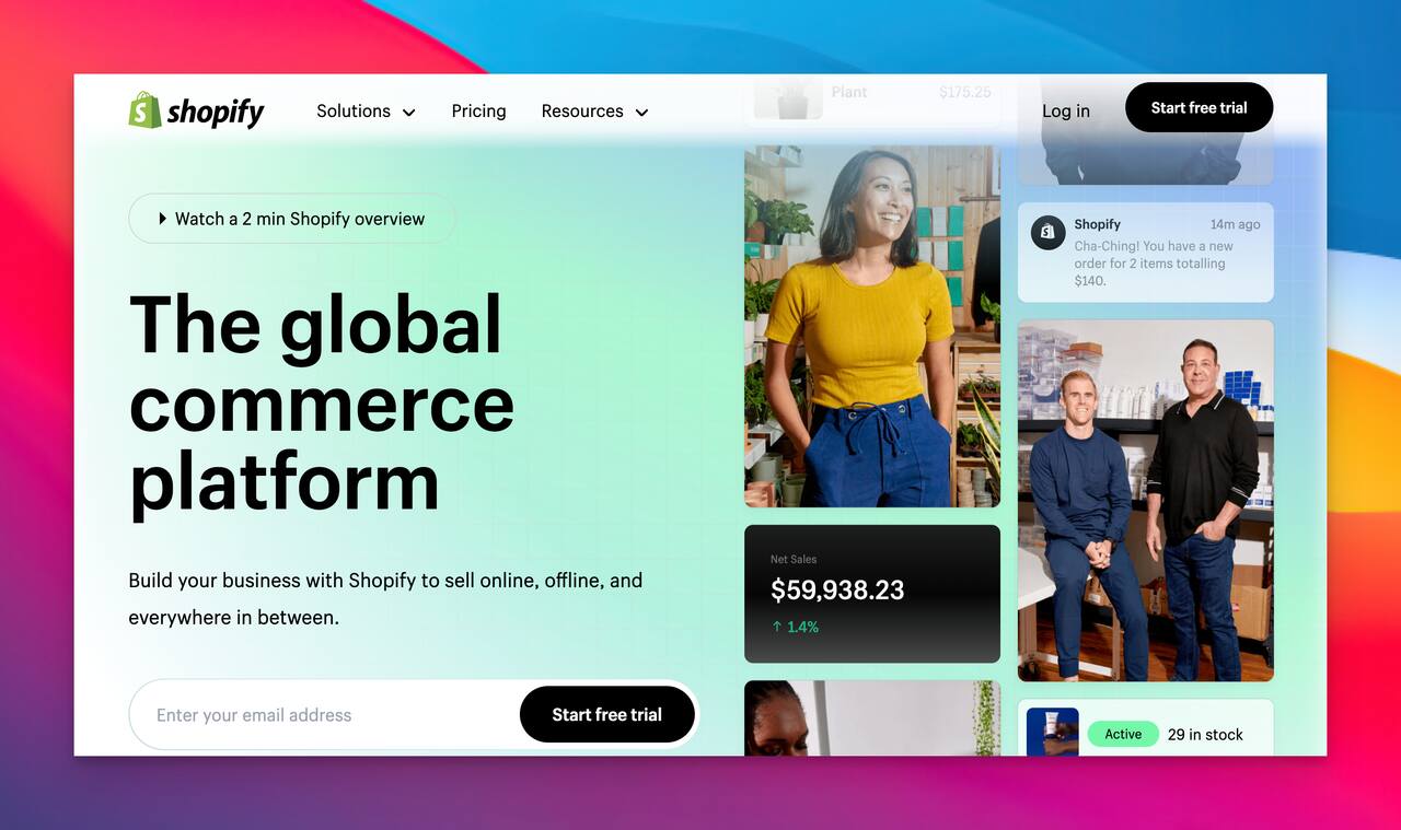 shopify homepage with pictures of happy customers and a text that says " The global e-commerce platform"