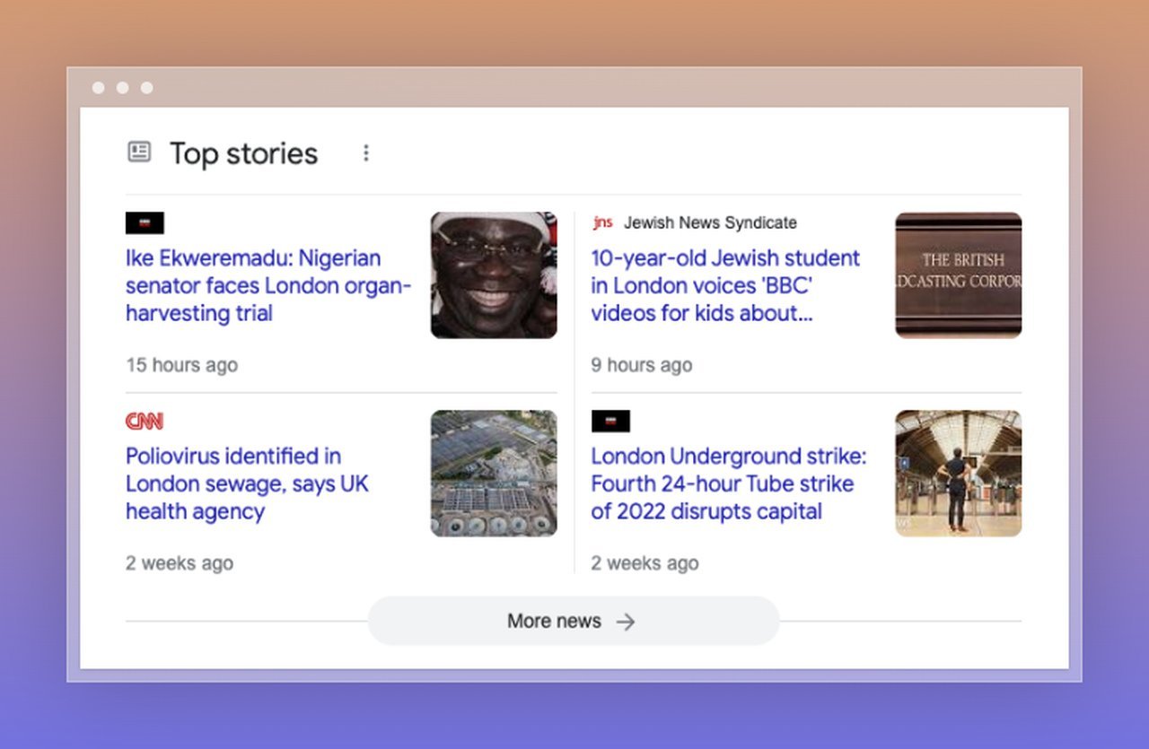 serp displaying four top stories with news covers