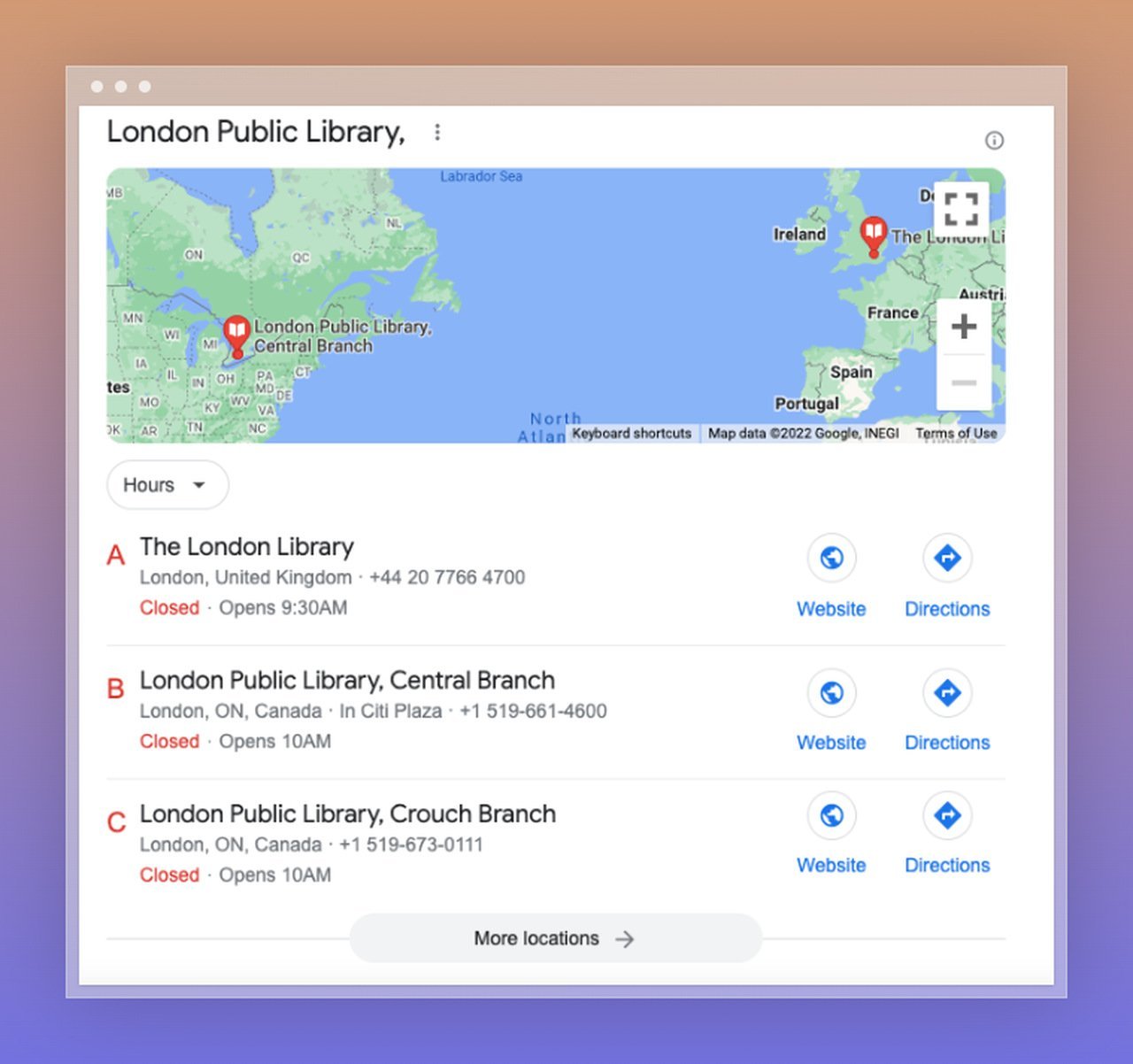 serp-local-packs showing the London Public Library from three locations with website and directions details