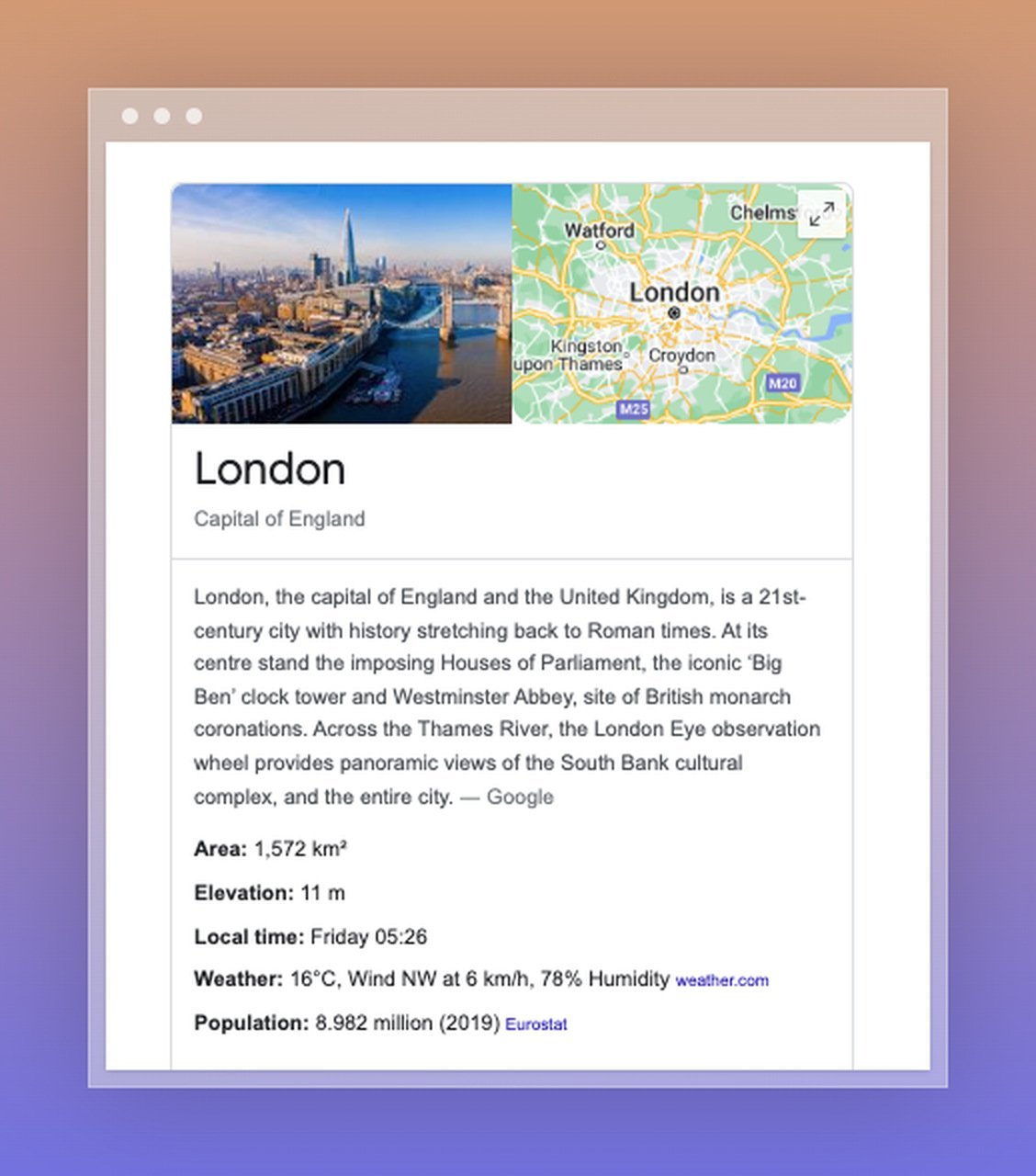 serp knowledge graph telling the details about London with a view picture and the location on the map