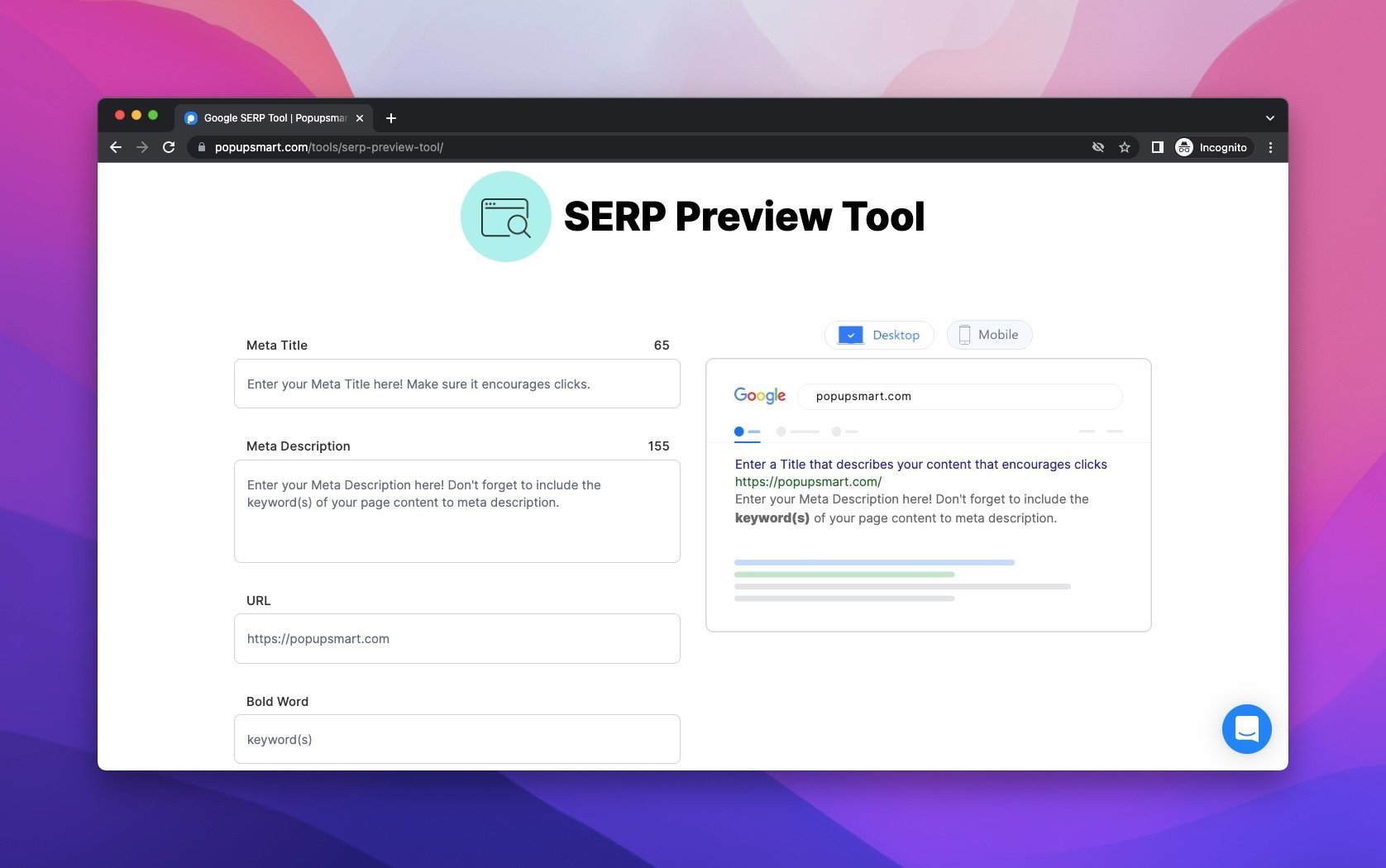 popupsmart Google SERP Preview tool webpage showing the sample and the blanks related to the meta title and meta descriptions