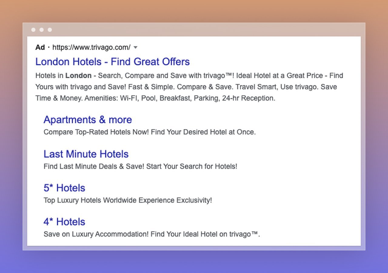 serp showing paid search results of London with an ad icon and sub-results