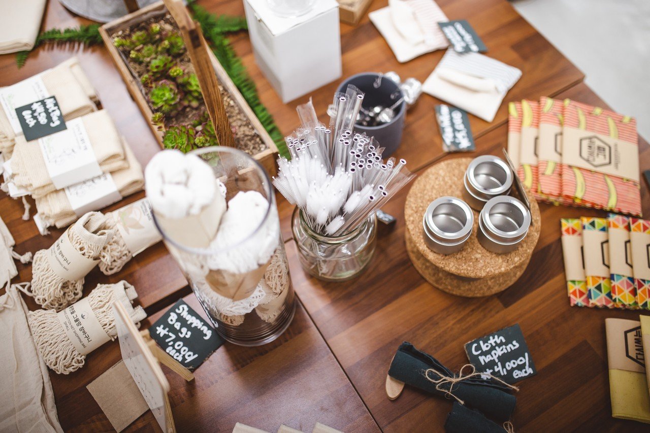 vegan products on a table including cottons, bamboos, papers