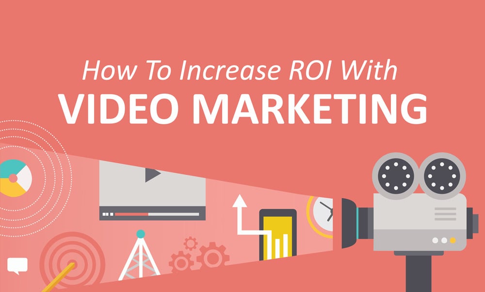 An orange background image with the title how to increase ROI with video content marketing and a camera shooting video related illustrations